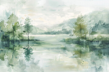 Watercolor River Landscape, Serene river landscape captured in soft watercolor hues, Perfect for relaxationthemed spaces or wellness center art 