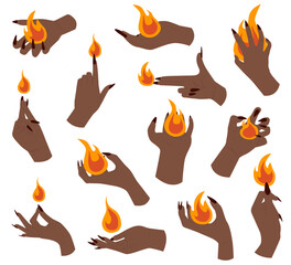 Set human hands with fire or flame. Womens hands holding flame, fire elements. Colorful vector illustration