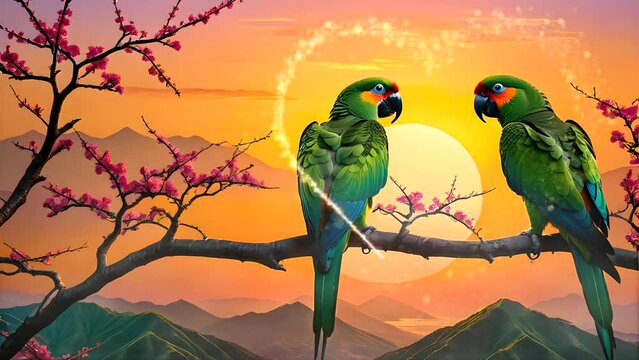 Two birds on a tree. Seamless looping time-lapse 4k video animation background