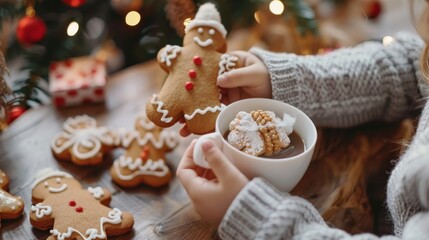 Obraz premium Child enjoys homemade christmas gingerbread cookies and cocoa with cozy home atmosphere and warmth