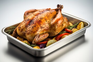 Hearty roast chicken on a plastic tray against a white background
