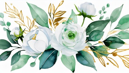 Watercolor floral illustration bouquet - white flowers, rose, peony, green and gold leaf branches...