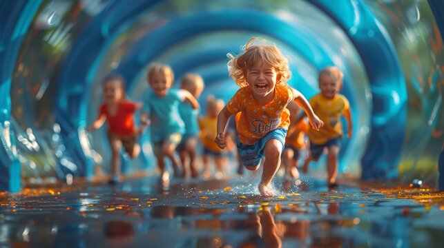 Scene of 3D realistic cartoon children running through a playground tunnel, filled with laughter and excitement