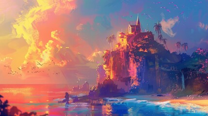 Fototapeta premium Half-Staff, Summer Holiday, enchanting fantasy illustrations with a spectrum of colors, abstract expressionism, VFX