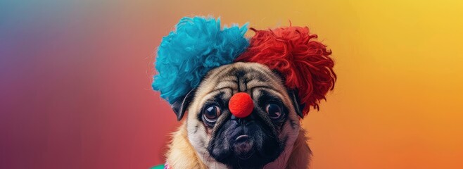 A cute pug dog wearing a red nose and a blue and red party hat.