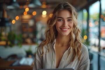Obraz premium Portrait of happy businesswoman with touchpad in office looking at camera.