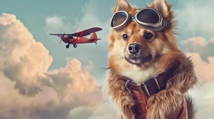 A dog wearing aFei Xing go-guru stands in front of a biplane in the clouds.