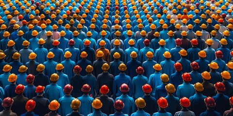 Aerial view of a large group of workers in blue uniforms and yellow helmets, showcasing unity and teamwork in an organized formation.