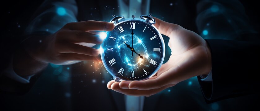 Clock on hand time data digital clock management planning business and time concept