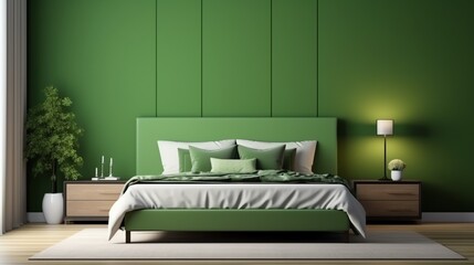 Green bedroom for mockup, modern interior with bed, contemporary home furniture