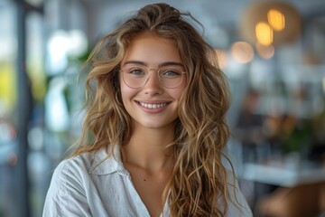 Obraz premium Portrait of happy businesswoman with touchpad in office looking at camera.