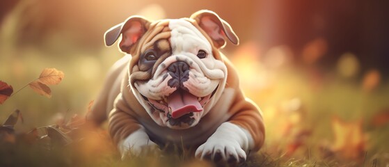 Portrait of cute joyful Bulldog , pet dog animal banner