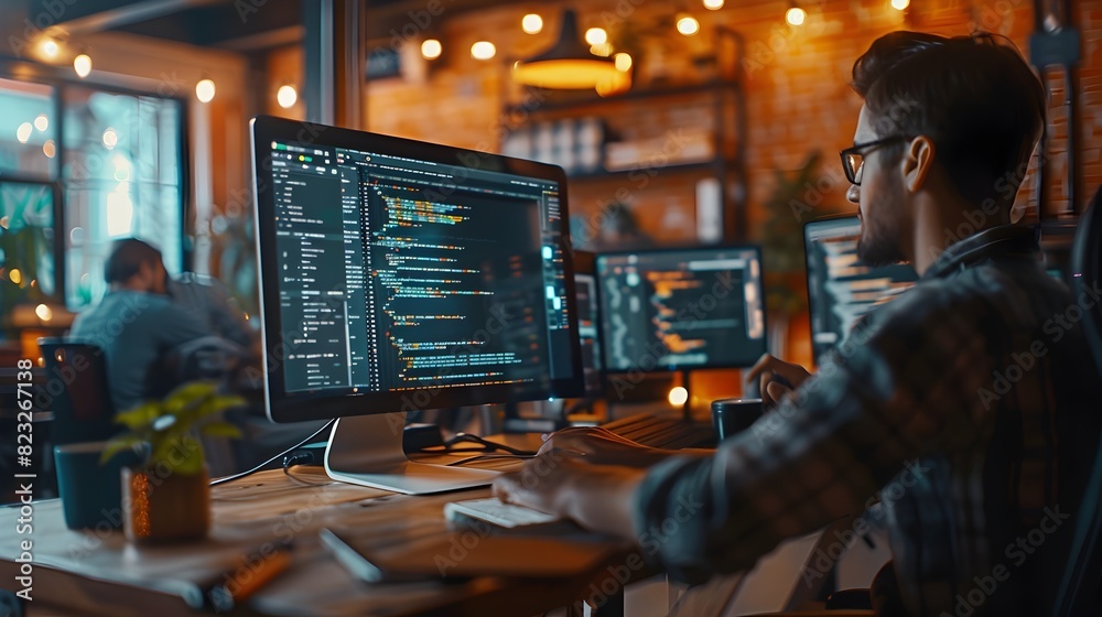 Poster collaborative coding and e commerce platform development in a modern workspace