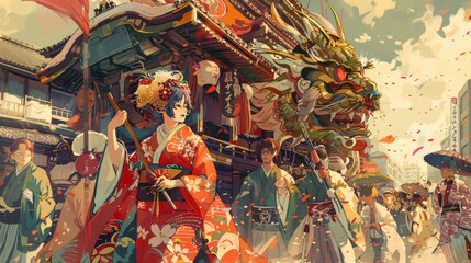 Naklejka premium Historical events, July 4th Parade, fantastical illustrations filled with vivid colors, Japanese manga illustrations, High-def