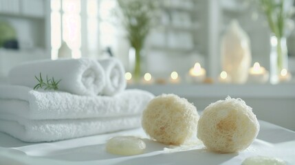 Exfoliation spa room with natural equipment arranged like loofahs and towels