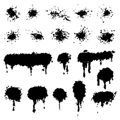 Drops and sprays of ink. Black paint splatters. Blotter spots, liquid paint drip drop splash and ink splatter. Artistic dirty grunge abstract spot vector set.