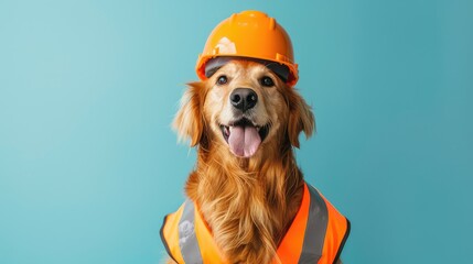 A golden retriever dog wearing an orange hard hat and a yellow reflective vest is looking at the camera with a happy expression on its face.
