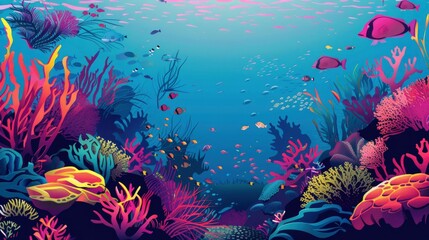 A Vibrant Coral Reef Teeming With Marine Life Just Off The Beach, Cartoon ,Flat color