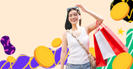 Fashionable asian woman holding shopping bags in collage contemporary art style
