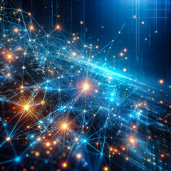 Abstract blue technology background with a cyber network grid and connected particles blue light and orange light. Artificial neurons, global data connections robot - Generative AI