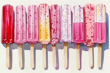 Colorful popsicles in various shades of pink and red, lined up in a row, casting shadows, perfect for summer or dessert themes.