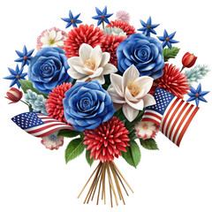 Bouquet of flowers and flags of the USA on a transparent  background