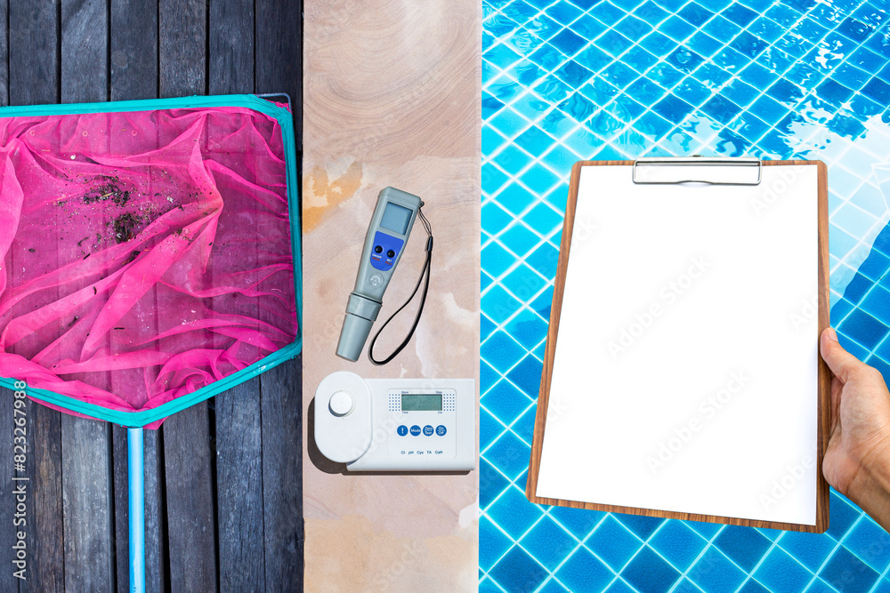 Wall mural dirt in pink net with water tester and clipboard in girl hand over swimming pool background, pool ma