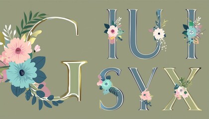 Whole Gold Green Floral Alphabet Set Collection with peach pink white gold blue yellow botanic flower branch bouquets composition. Wedding invitations, baby shower, birthday, other concept ideas