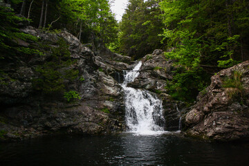 Fototapeta premium Scenic Memel Falls in New Brunswick cascading through lush forest with rocks and green foliage