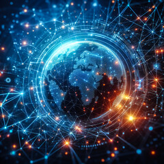 Obraz premium Abstract blue technology background with a cyber network grid and connected particles blue light and orange light. Artificial neurons, global data connections robot - Generative AI