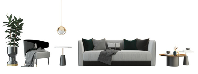 Modern living room cozy minimal with a sofa, armchair, table, and plants Interior furniture set 3D render. Living room house floor template mockup design , isolated on transparent background