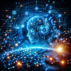 Obraz premium Abstract blue technology background with a cyber network grid and connected particles blue light and orange light. Artificial neurons, global data connections robot - Generative AI