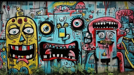 Graffiti on the walls cartoon designs, funny faces and obsolete robots.