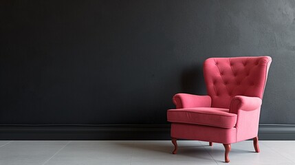 Colorful interior with a pink armchair on an empty, dark wall background.