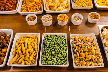 Close-up of assorted snacks served on plates for a banquet event