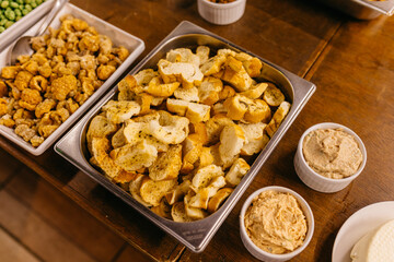 Close-up of assorted snacks served on plates for a banquet event