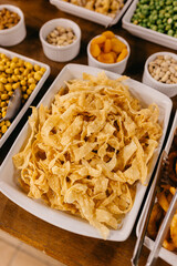 Close-up of assorted snacks served on plates for a banquet event