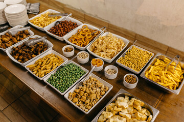 Close-up of assorted snacks served on plates for a banquet event