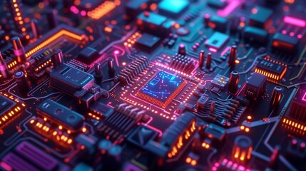 Obraz premium Detailed view of a high-tech circuit board with blue neon lights highlighting sophisticated electronic components and pathways.