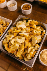 Close-up of assorted snacks served on plates for a banquet event