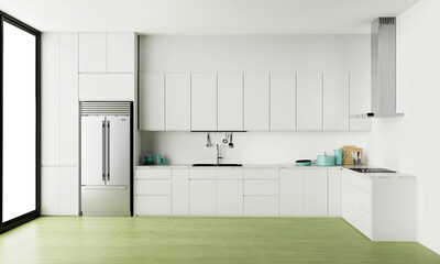 Interior of modern kitchen with white walls, concrete floor, comfortable wooden cabinets with built in cooker. 3d rendering