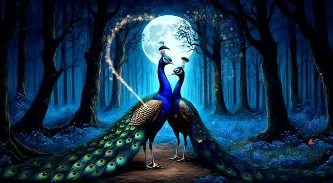 Couple of peacock in the forest at night. Seamless looping time-lapse 4k video animation background