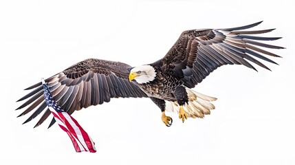 Obraz premium Illustration of an American bald eagle in front of USA's flag. The bald eagle is the emblem of the nation with its' fierce beauty and proud independence symbolizes the strength and freedom of America