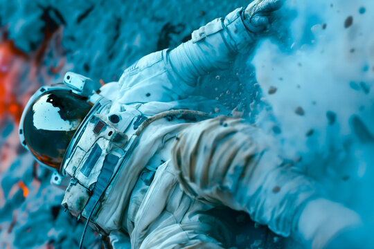 AI generated illustration of an astronaut slipping down a volcanic hill on an alien land