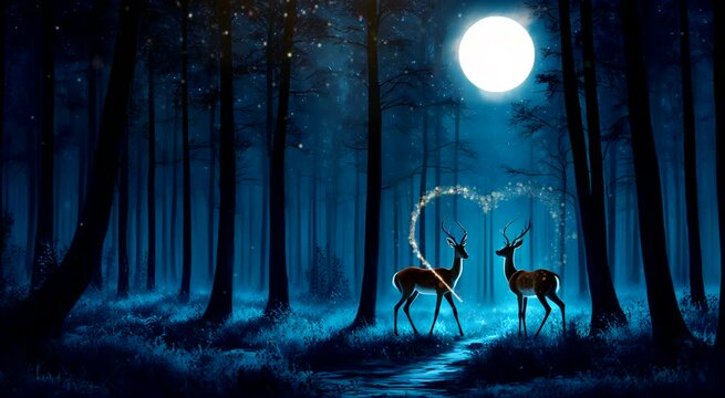 Deer in the forest at night. Seamless looping time-lapse 4k video animation background