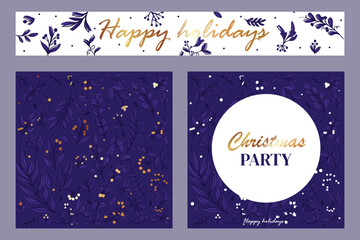 Christmas party invitation poster background in trendy flat style. Merry and Bright Corporate Holiday cards. Universal abstract creative artistic templates
