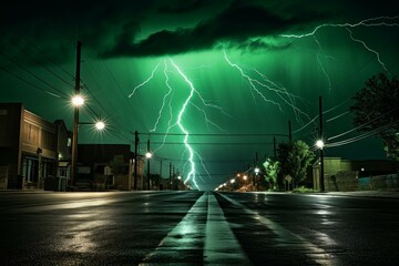 Radiant Thunder sky green lights. Electric stormy. Generate Ai