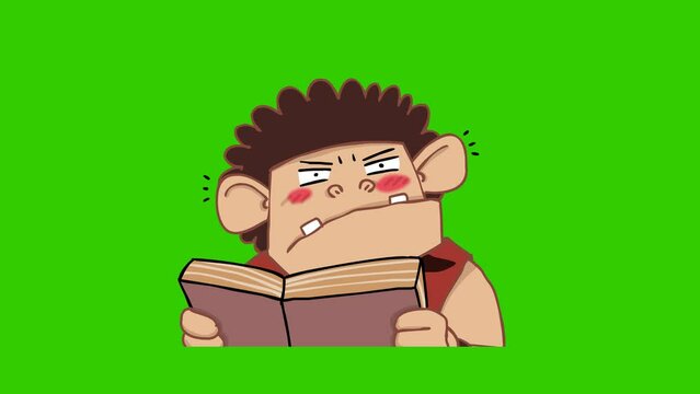 Animated Caveman Reading a Book - Green Screen