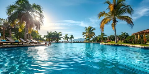 Tropical Resort Pool Party with Palm Trees Under a Blue Summer Sky. Concept Tropical Resort, Pool Party, Palm Trees, Blue Summer Sky, Outdoor Photoshoot