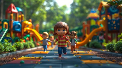 Group of 3D realistic cartoon children playing tag on a playground with vibrant equipment and green surroundings, filled with excitement